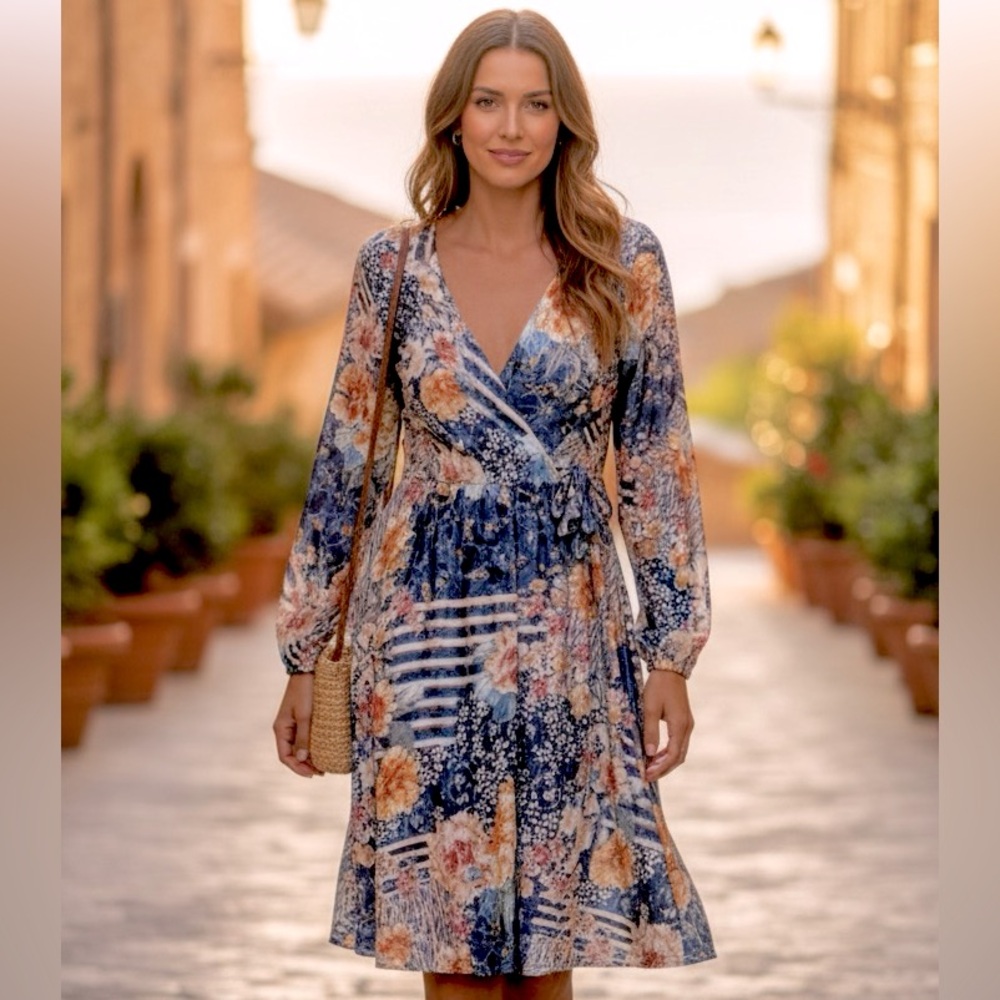 ZARA Women’s Velvet Long Sleeve V Neck Unique Floral Print Dress